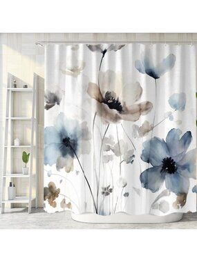 Boho Floral Shower Curtain Set - Cream Tan Blue Grey Watercolor 72"x72